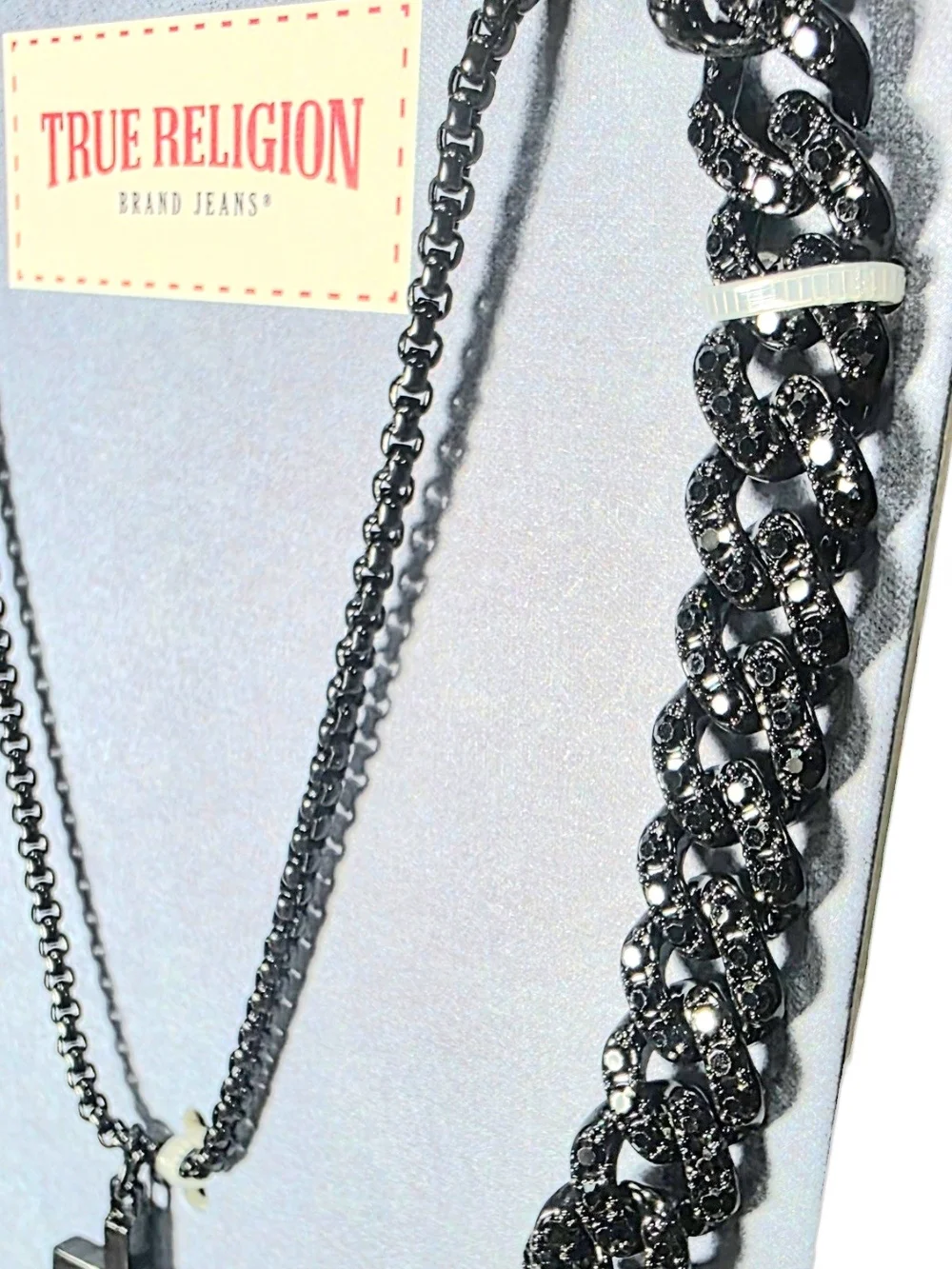True Religion Black Cuban Link CZ Cross Pendant Necklace Set NWT New